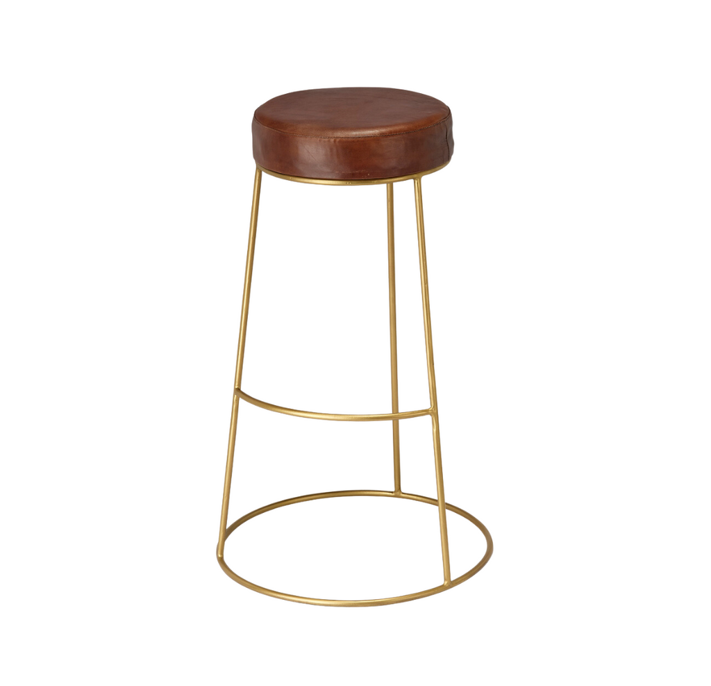 Henry Round Leather Bar Stool - Brown
