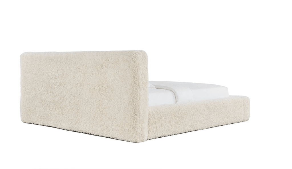 Close-up of the handcrafted faux sheepskin headboard on the Teagan Sherpa Bed, showcasing its soft, plush texture by HomebyBE.