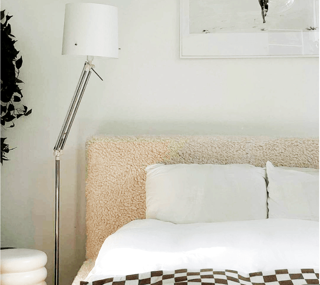 King-size Teagan Sherpa Bed with a mattress, featuring a durable handcrafted frame and faux sheepskin finish by HomebyBE.